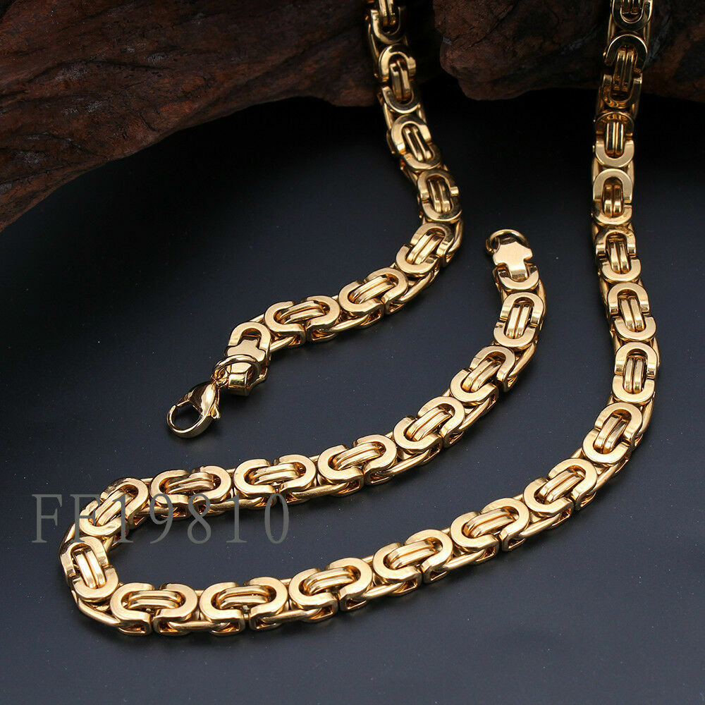 6MM 18K Gold Byzantine Flat Chain Necklace&Bracelet Stainless Steel Jewelry Set