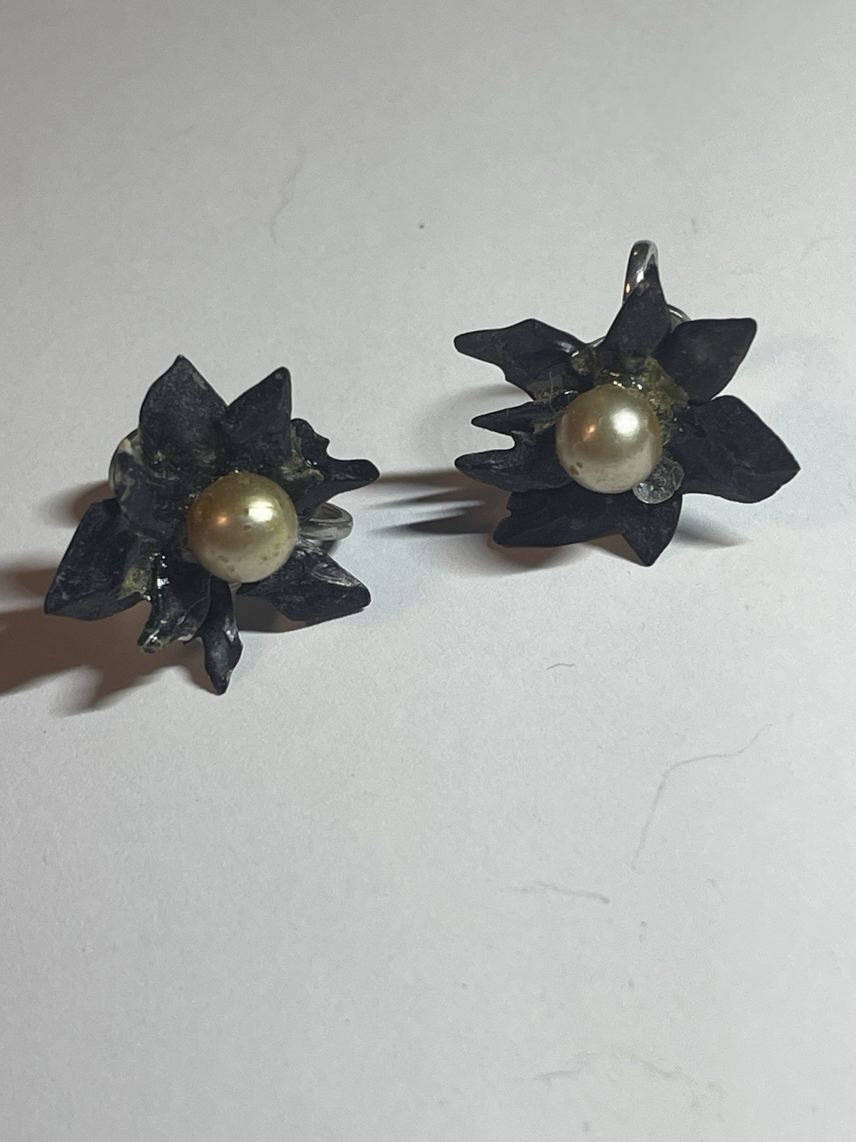 Black Silver Tone Flower Stud Earrings Simulated Cream Pearl Butterfly Back