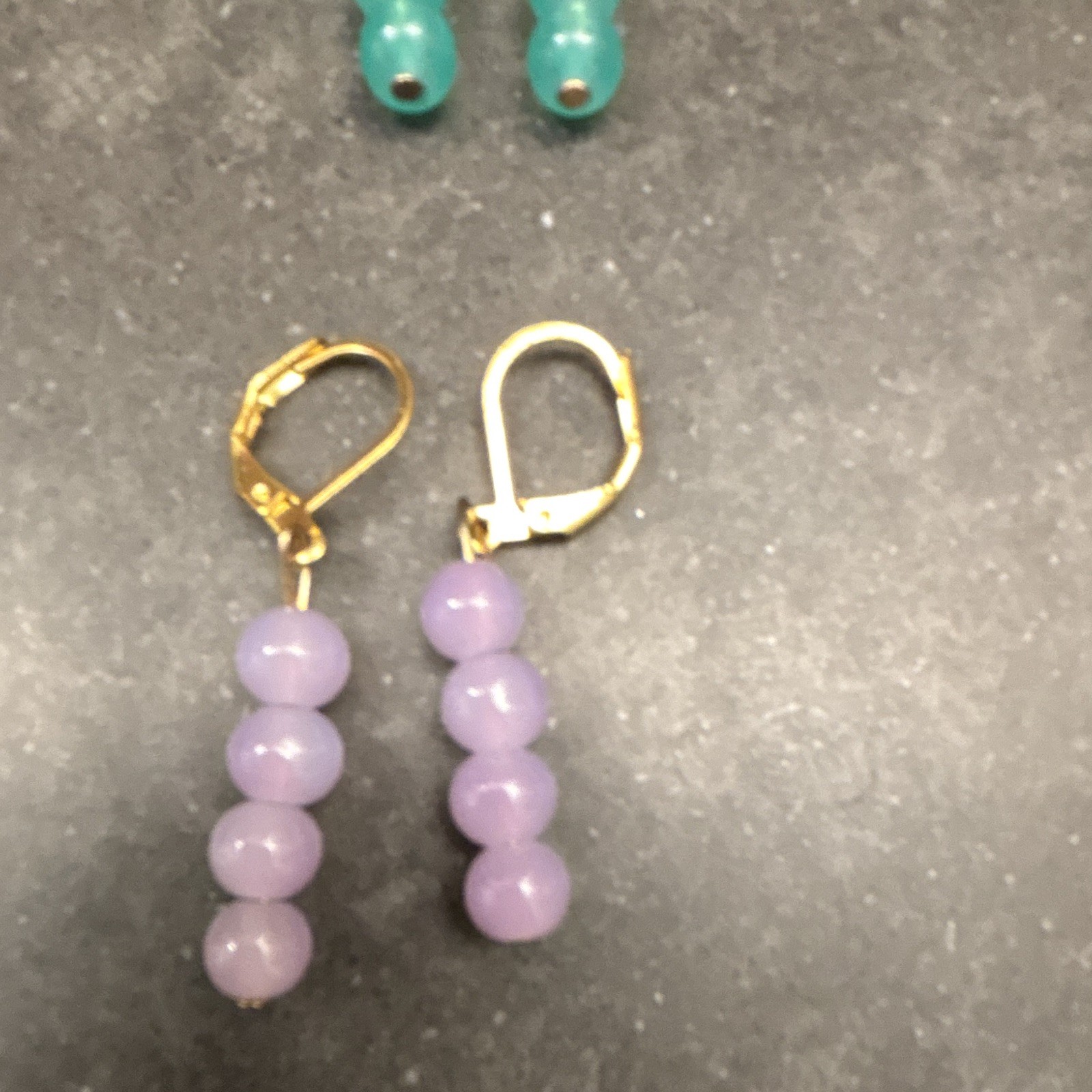 4 Pair Gold Tone Leverback Beaded Dangle Earrings Set Green Purple Blue Pink