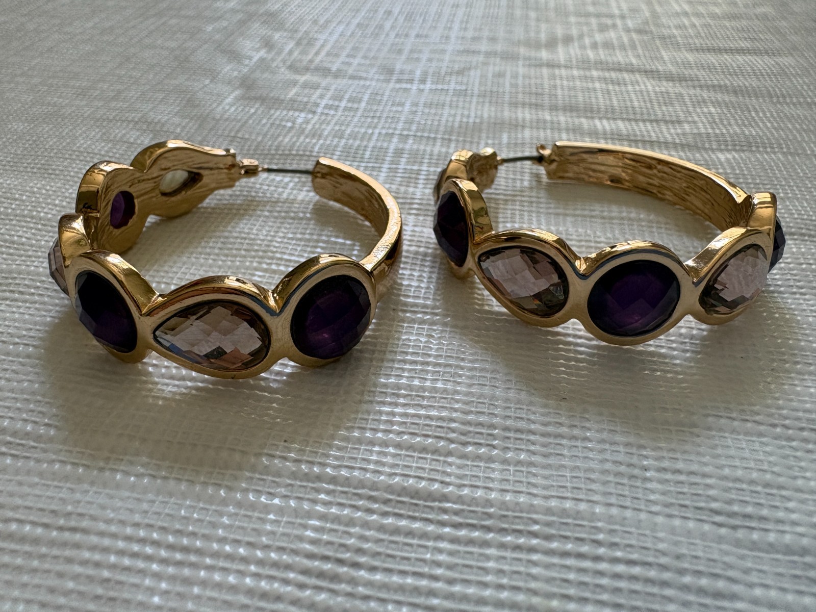 Gold Tone Pierced Hoop Earrings with Purple and Clear Stones 4″