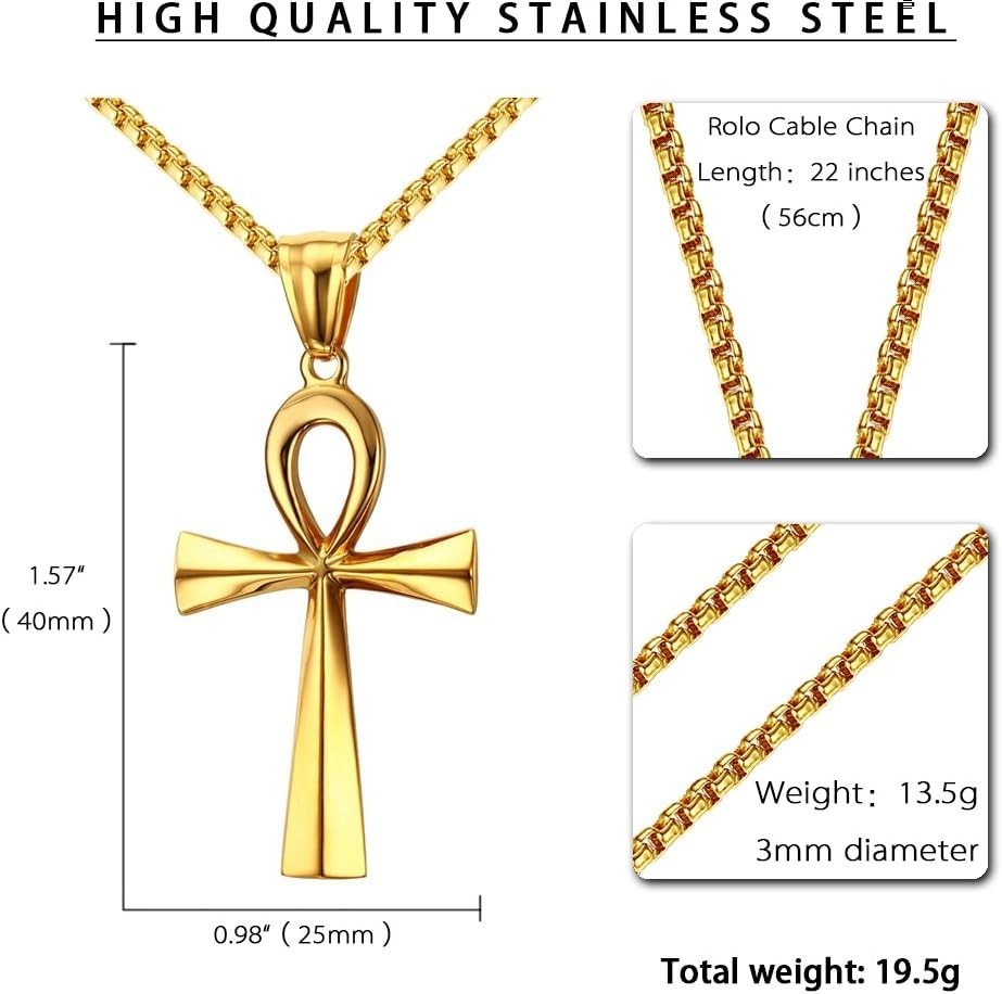 Gold-Tone Stainless Steel Coptic Ankh Cross Pendant Necklace for All Occasions