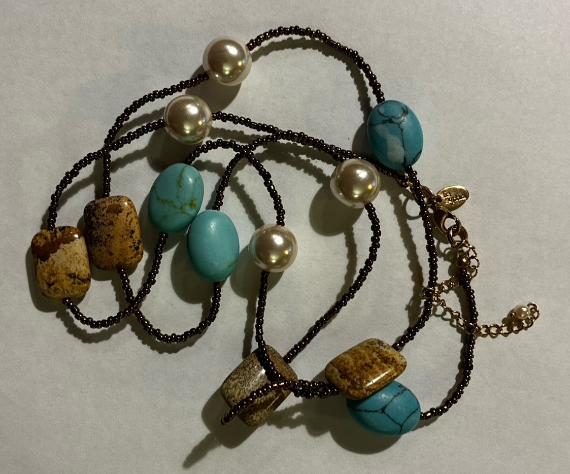 Lia Sophia “Capri” Genuine Jasper & Turquoise, Faux Pearls, Gold Long Necklace