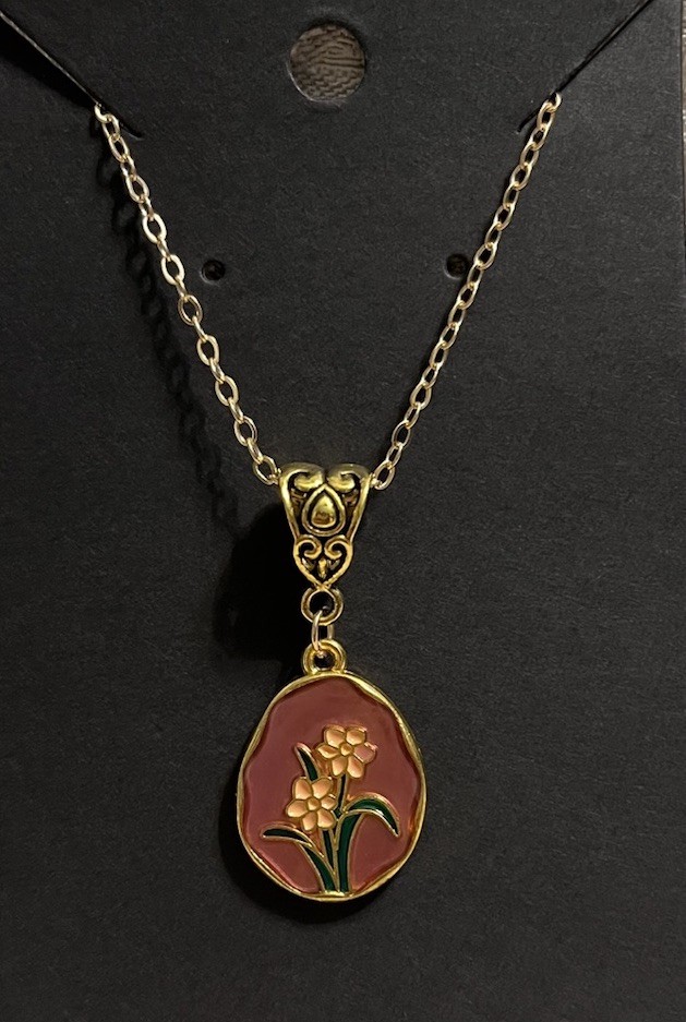 Retro Flower Chic Enamel Pendant Gold Necklace Bohemian Floral Novelty 18”