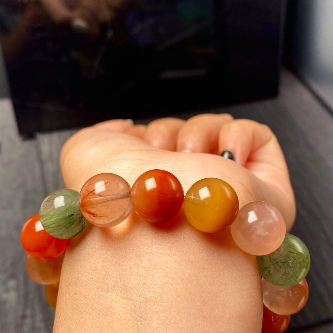 13.1mm Natural Multicolor Rutilated Quartz Bracelet 14mm Fu Lu Shou Crystal