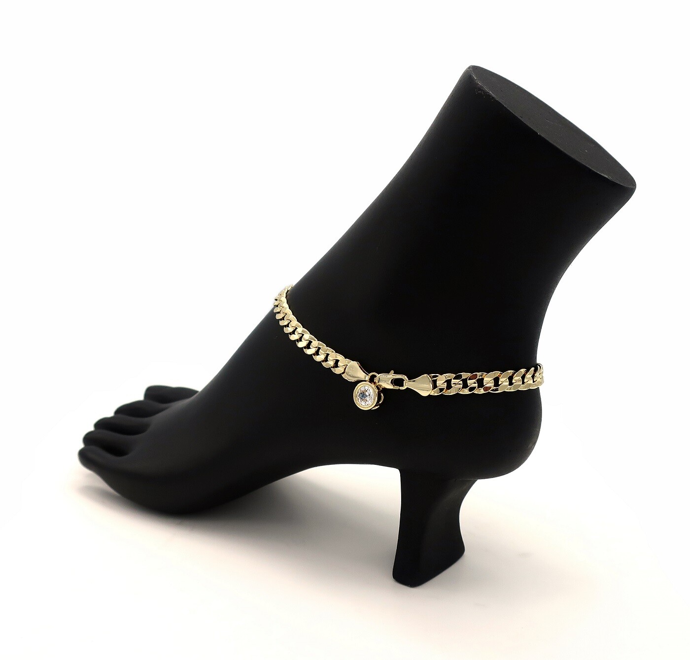 6mm CONCAVE CUBAN LINK CHAIN ANKLET CZ STONE ANKLE BRACELET 14K GOLD PLATED