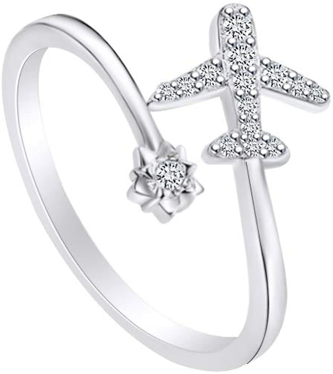 Simulated Round Diamond Adjustable Aeroplane Ring 14k White Gold Plated Silver