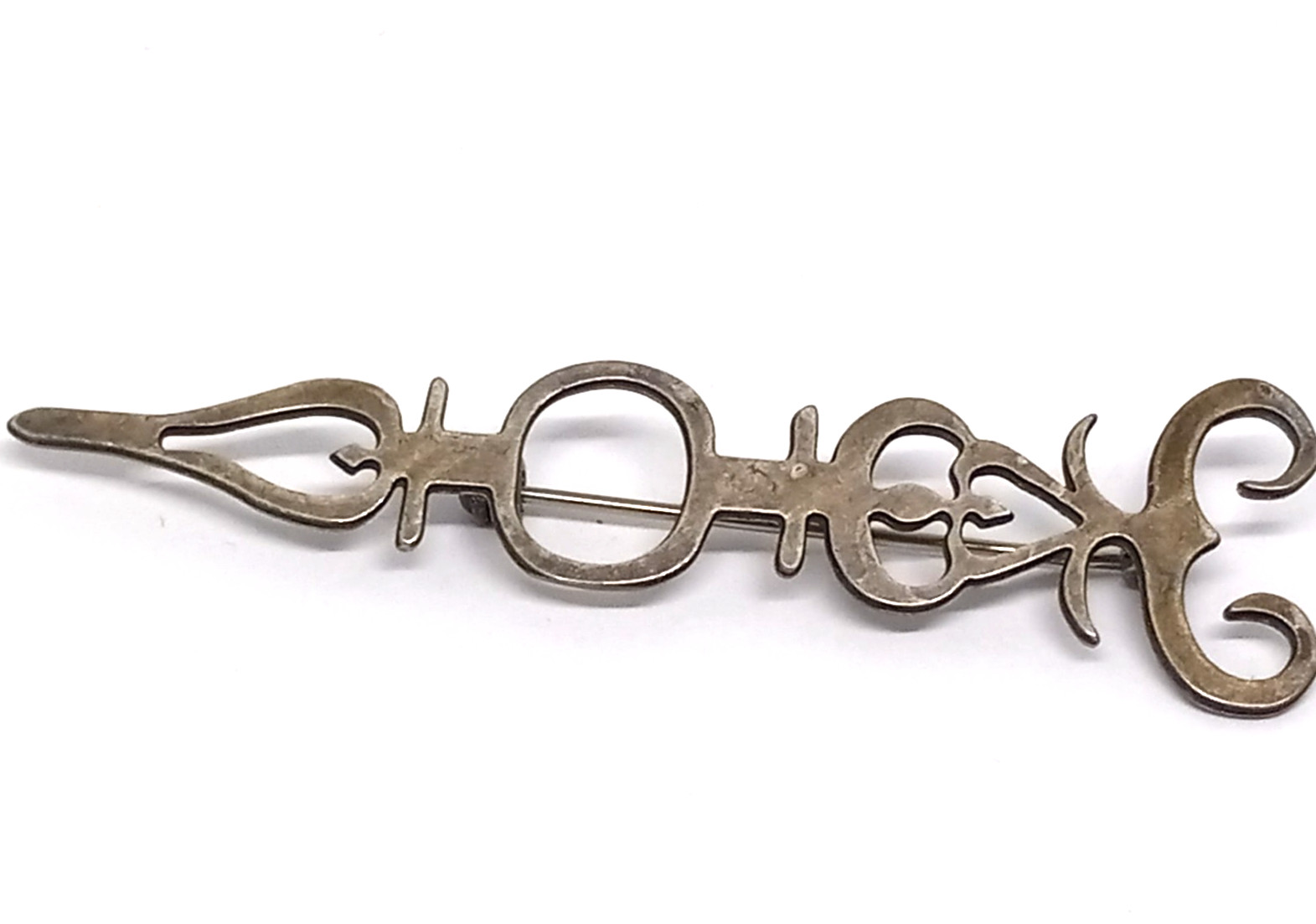 Vintage Silver Tone Scroll 3 Inch Clock Arm Brooch
