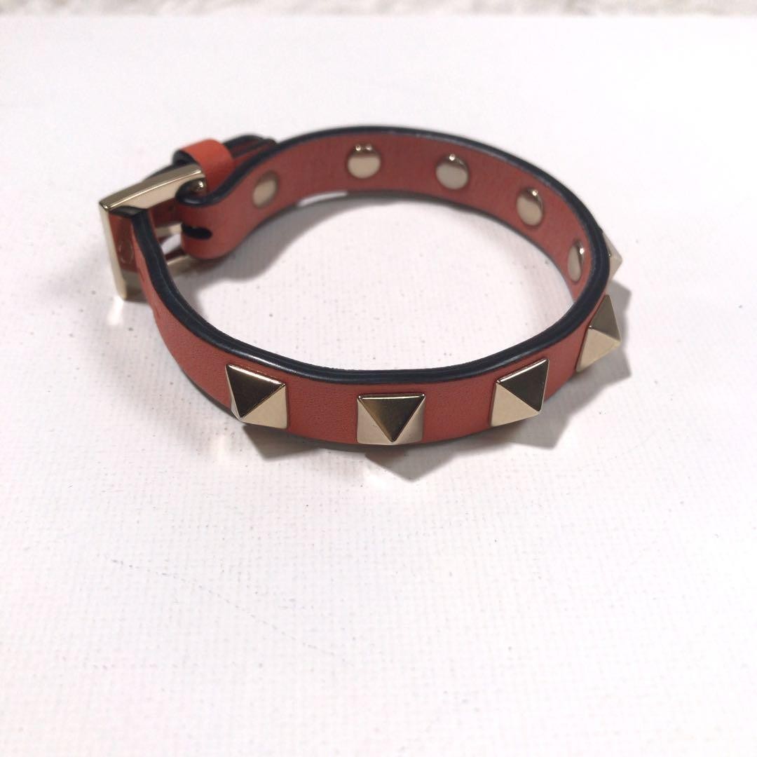 VALENTINO GARAVANI Rockstud Orange Leather Bracelet Goldtone Italy