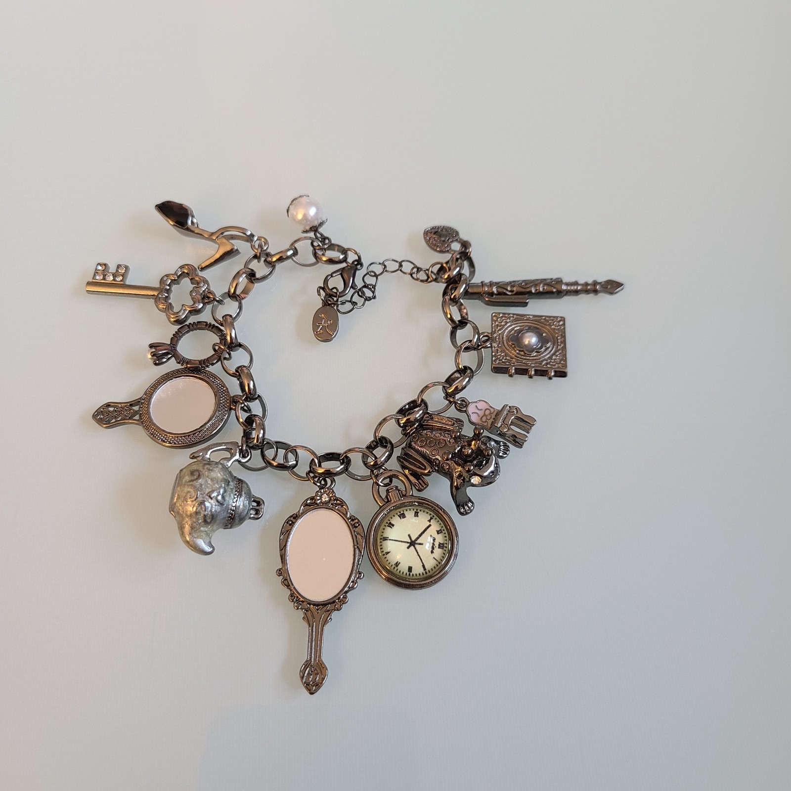10″ Whimsical Fairytale Charm Bracelet Gunmetal Tone Teapot Frog Mirror Shoe Key
