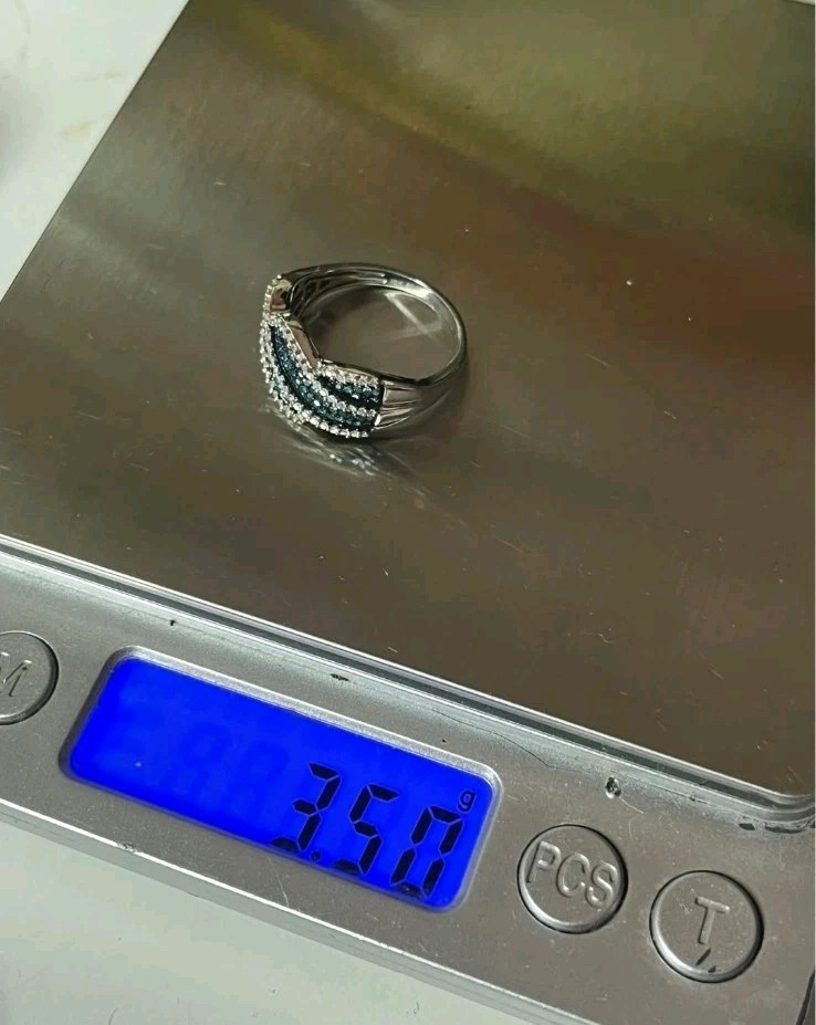 Silver Tone Blue & Clear Crystal Pavé Wave Band Ring, Size 7