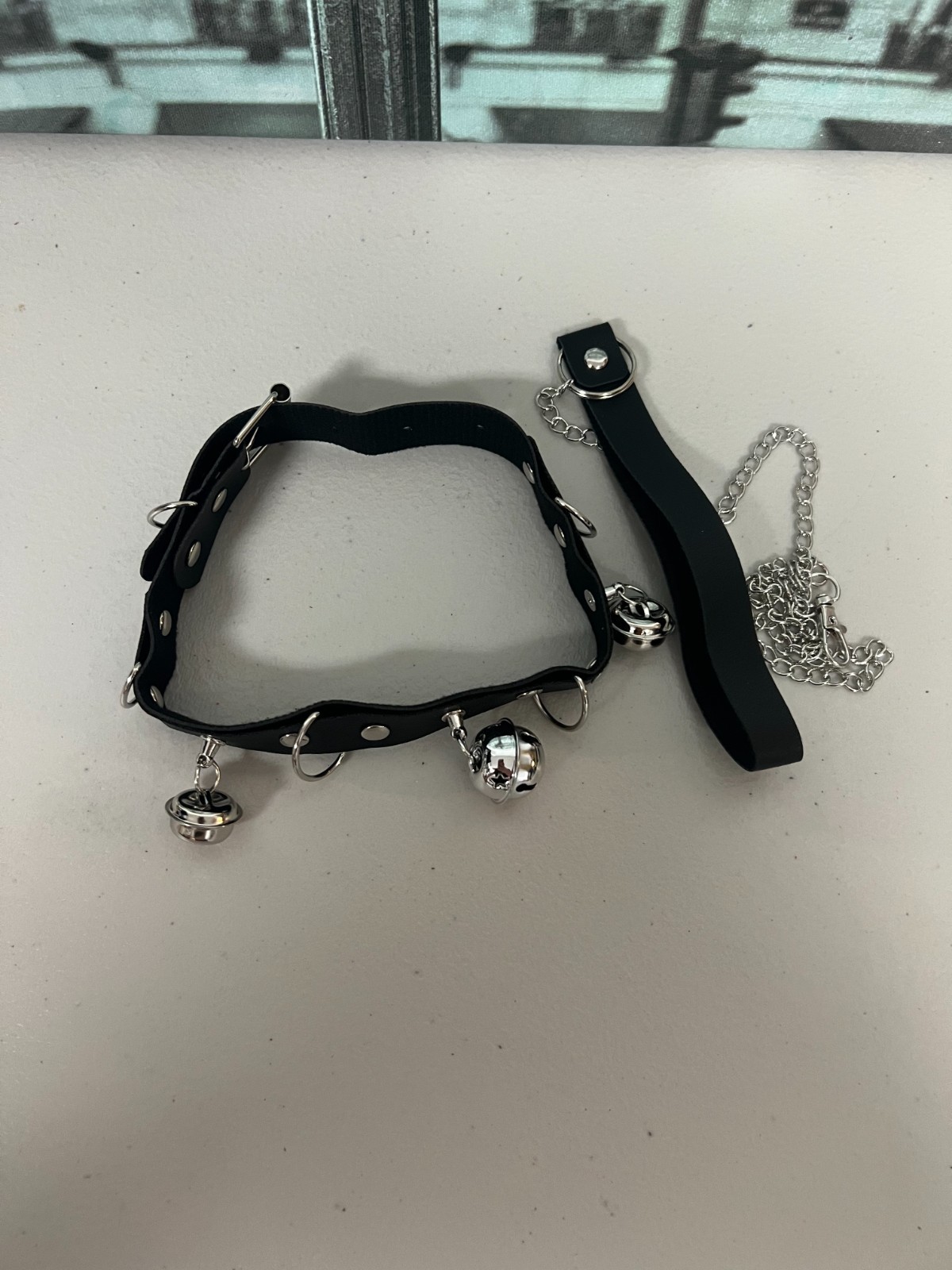 Gothic Faux Leather Choker Set Detachable Chain Leash Bell