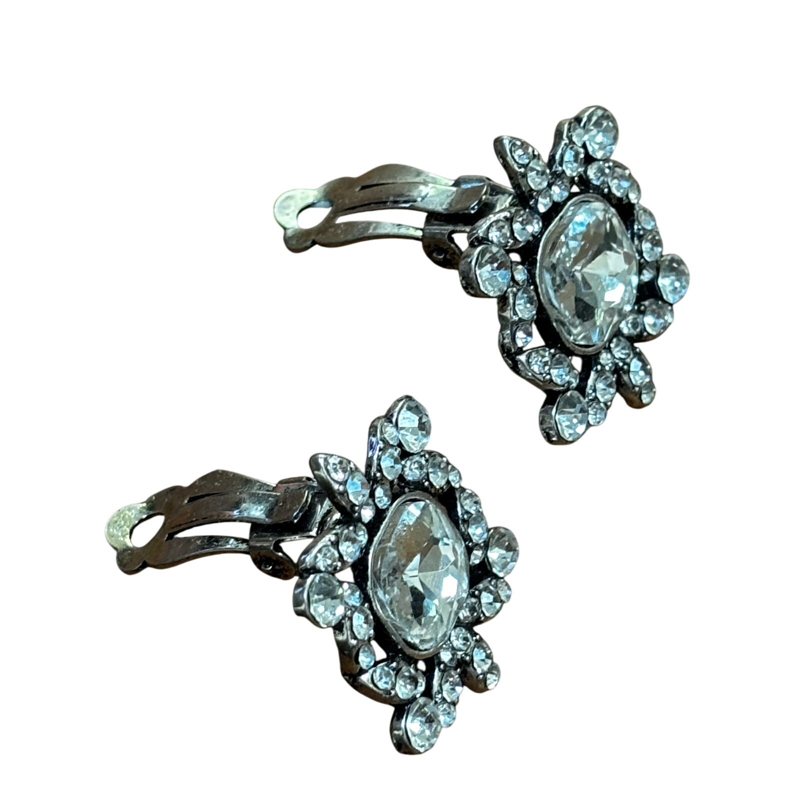 Vintage mid century clip on earrings silver & clear white rhinestones squares