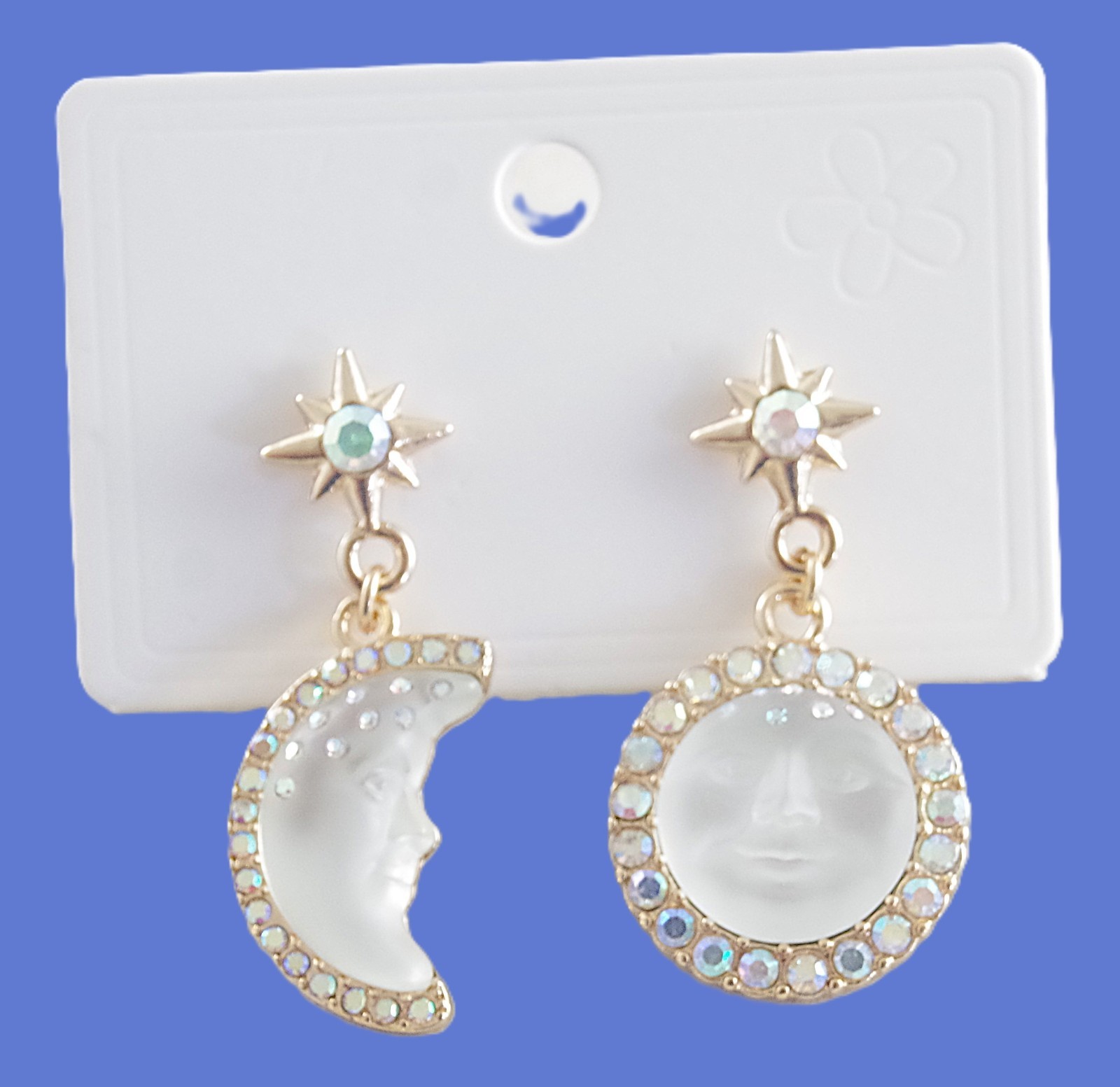 2″ KIRKS FOLLY WHITE SEAVIEW MOON FACE CRYSTAL RHINESTONE DROP DANGLE EARRINGS