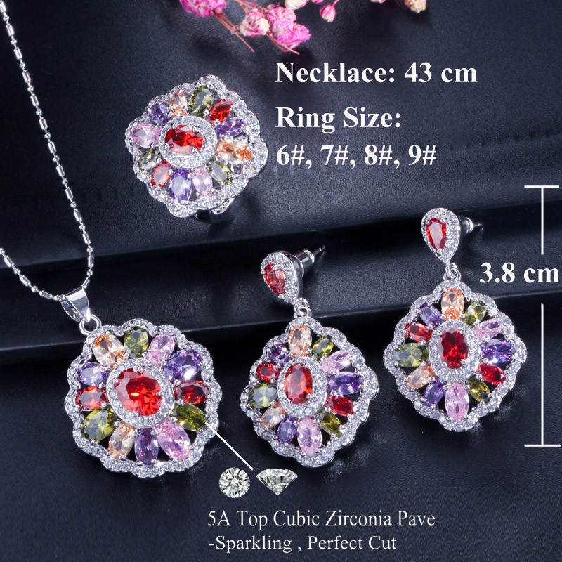 Colorful Pendant Necklace Earrings Ring Silver Plated Women CZ Party Jewelry Set