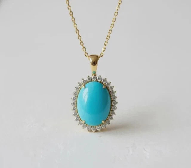 Oval Cut Simulated Blue Turquoise Women’s Halo Pendant 14K Yellow Gold Plated