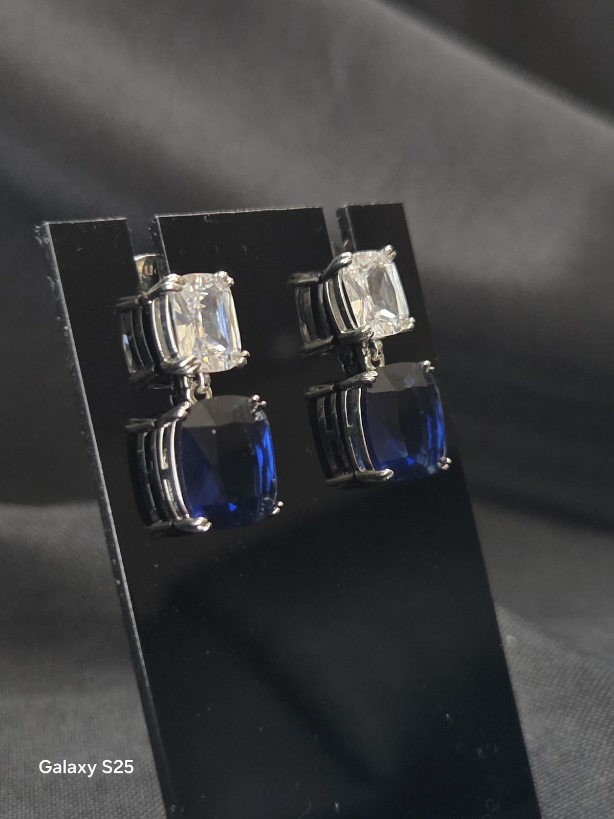womens Earrings Dangle/Drop Stud Blue & Clear CZ Cushion Silver Tone Butterfly
