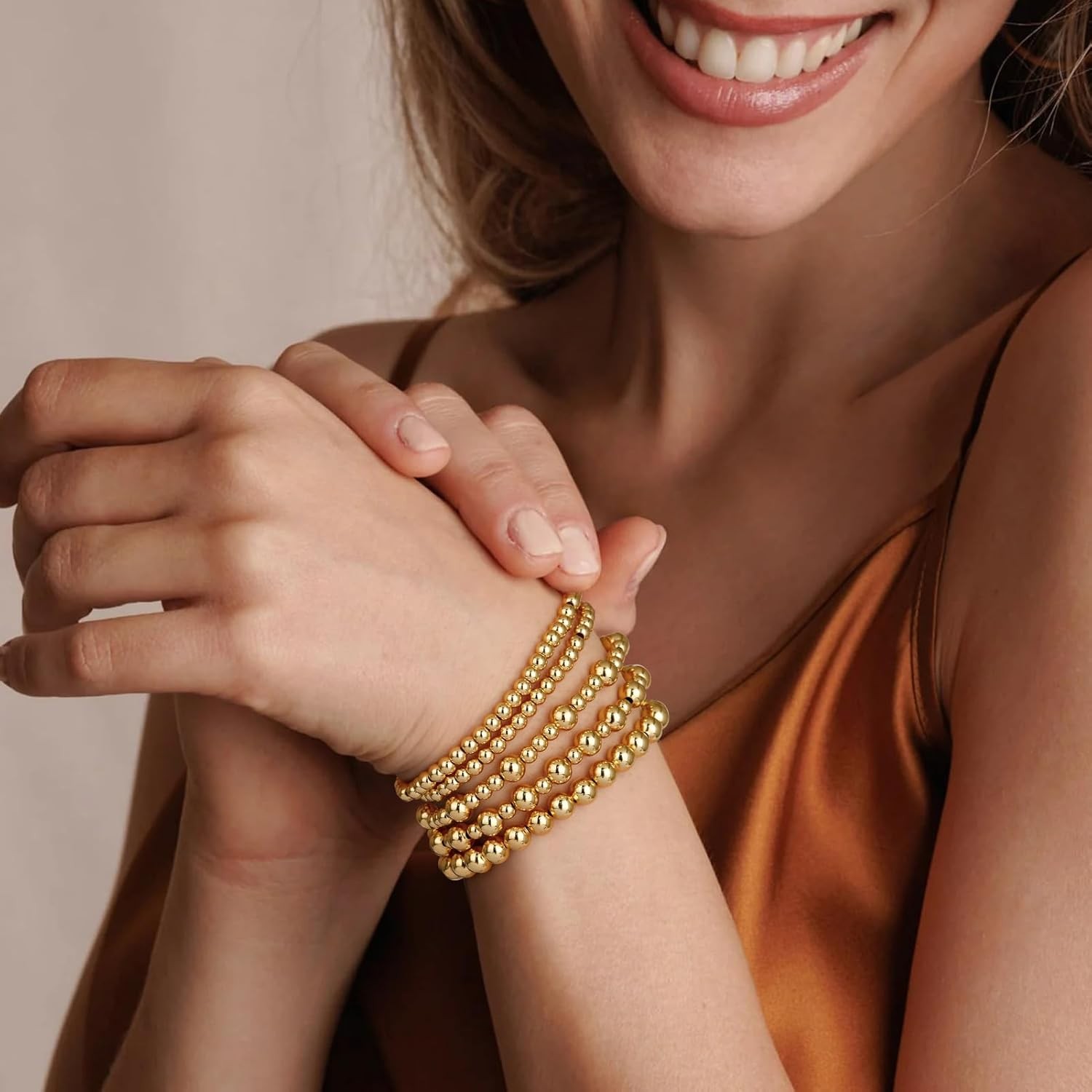 14K Gold Plated Beaded Strand Bead Ball Bracelets stack Adjustable Jewelry Set