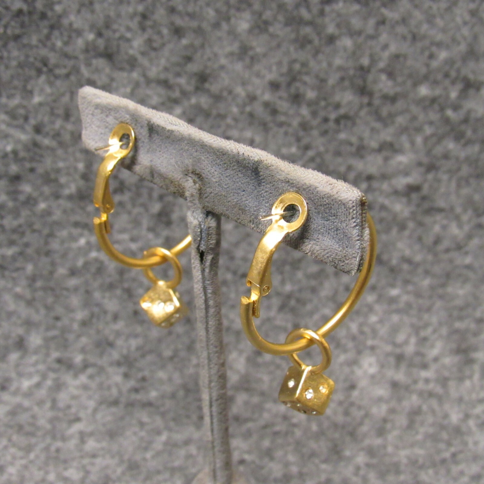 Satin Gold Finish Hoop Earrings w/ 6 Sided Lucky Dice Rhinestone Charm NEW