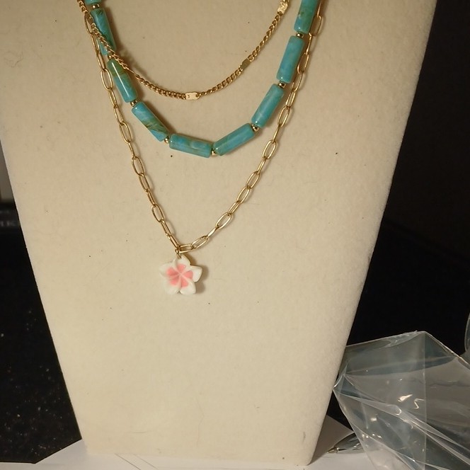 Gold Blue Pink Flower Pendant Necklace Set, Fashion Jewelry, Floral Theme