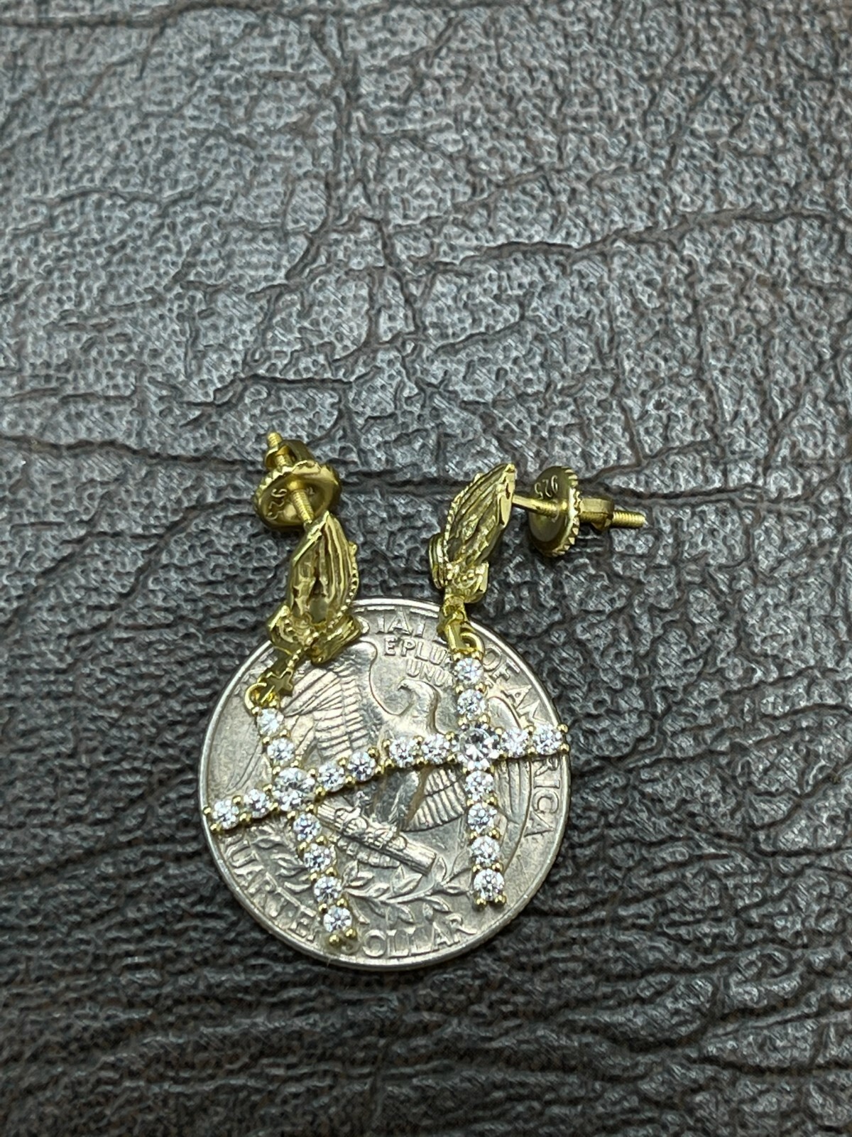 14k Gold Plated Real 925 Sterling Silver Praying Hands Cross Dangle Earrings
