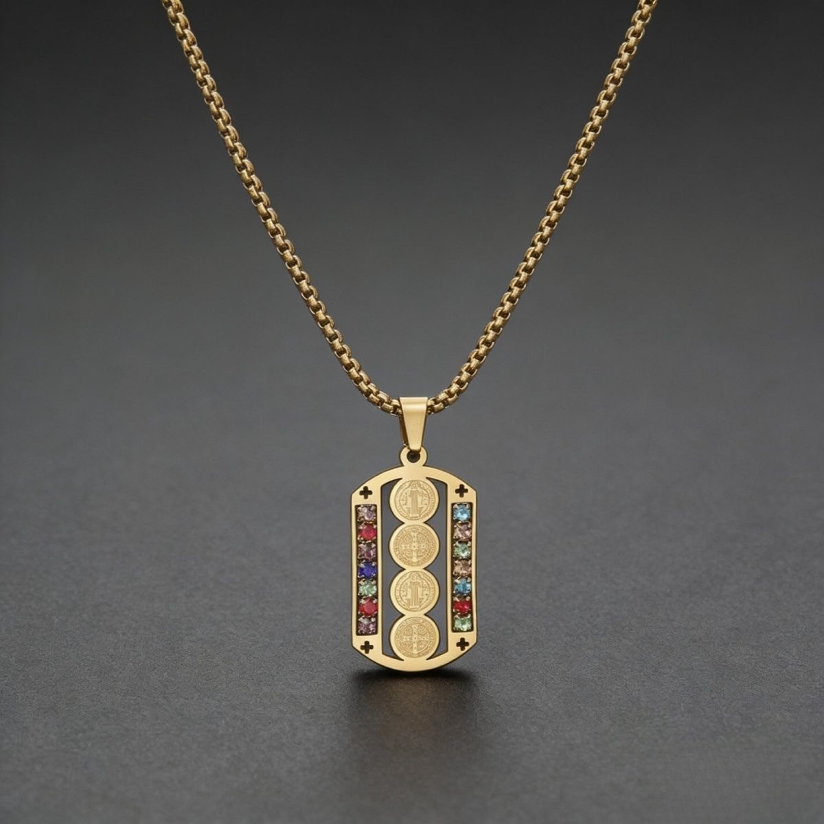 Stainless St. Benedict Medal Pendant Colorful Zirconia Religious Unisex Necklace