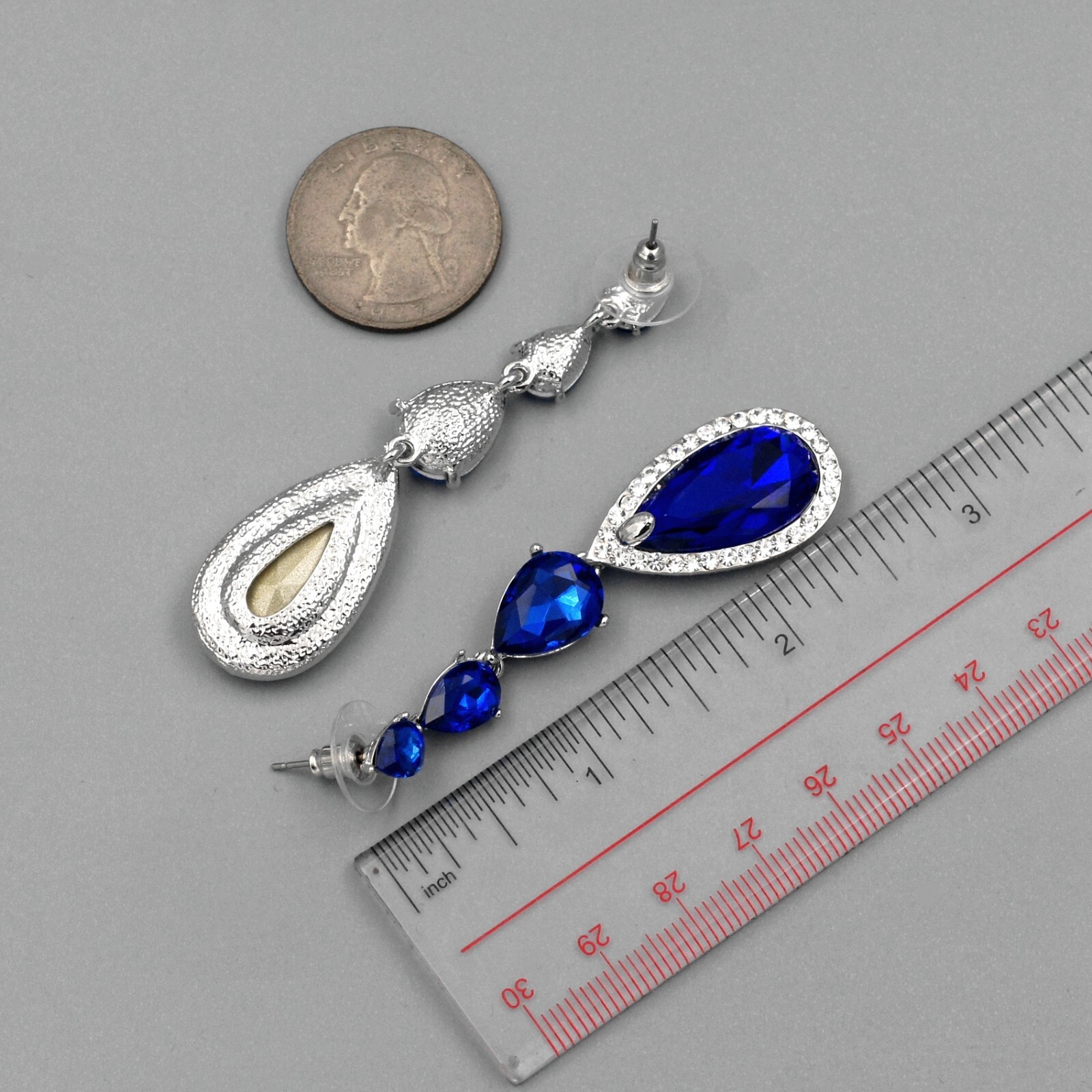 Women Rhodium Plated Blue Crystal Rhinestone Tassel Drop Dangle Earrings 06600