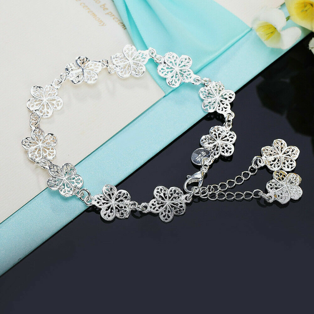 Elegant Unique 925 Sterling Silver New Women Fashion Flower Style 8.5″ Bracelet