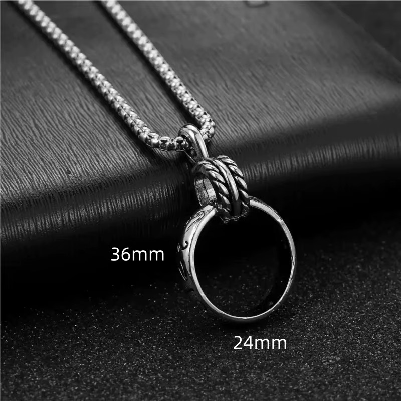 Double Ring Pendant Necklace Stainless Steel Carved Circle Street Retro Jewelry