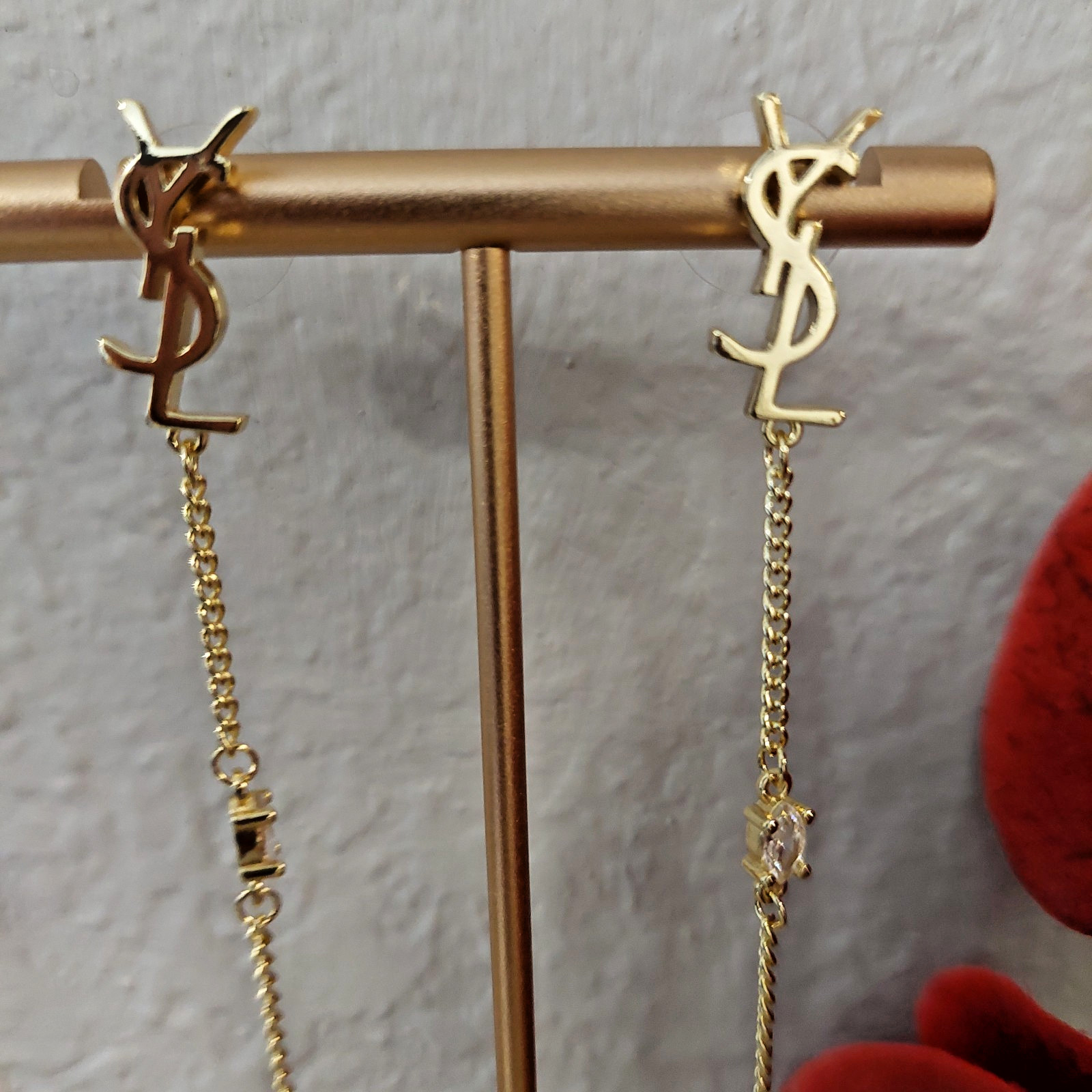 Auth YVES SAINT LAURENT YSL Crystal LOGO Long Chain Drop EARRINGS Gold T G2U