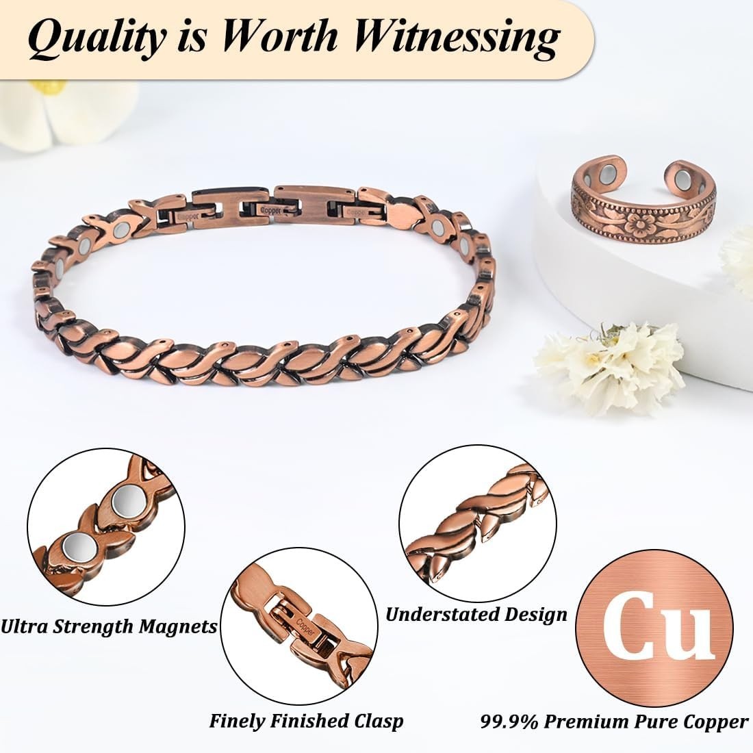 Ladies’ 99.9% Pure Copper Magnetic Bracelet – Elegant Design, Gift Box Included