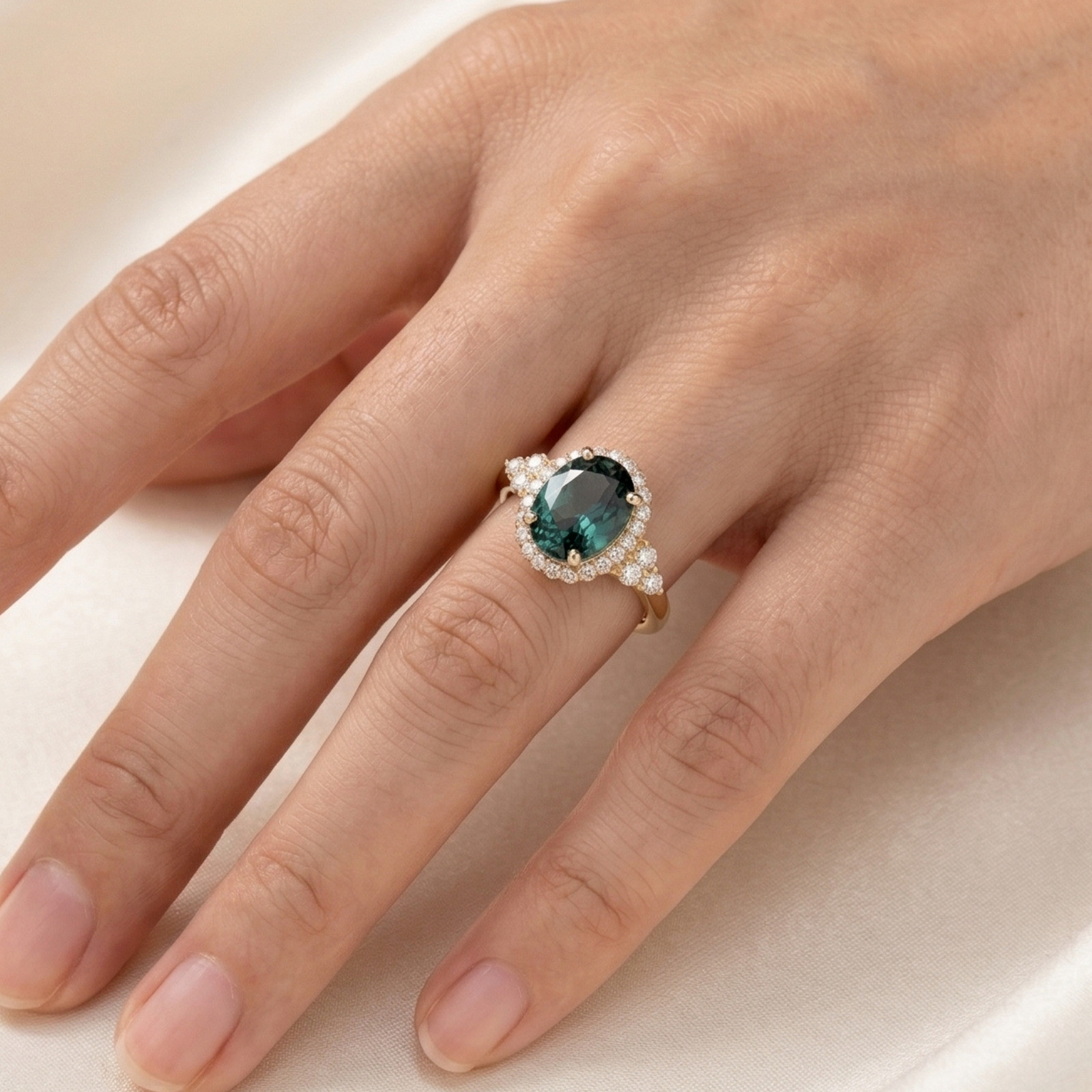 925 Sterling Silver Oval Alexandrite Gemstone & CZ Halo Ring, June Birthstone
