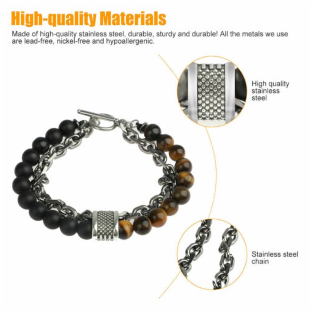Mens Tiger Eye Beaded Bracelet Stainless Steel Natural Stone Unisex Jewelry Gift