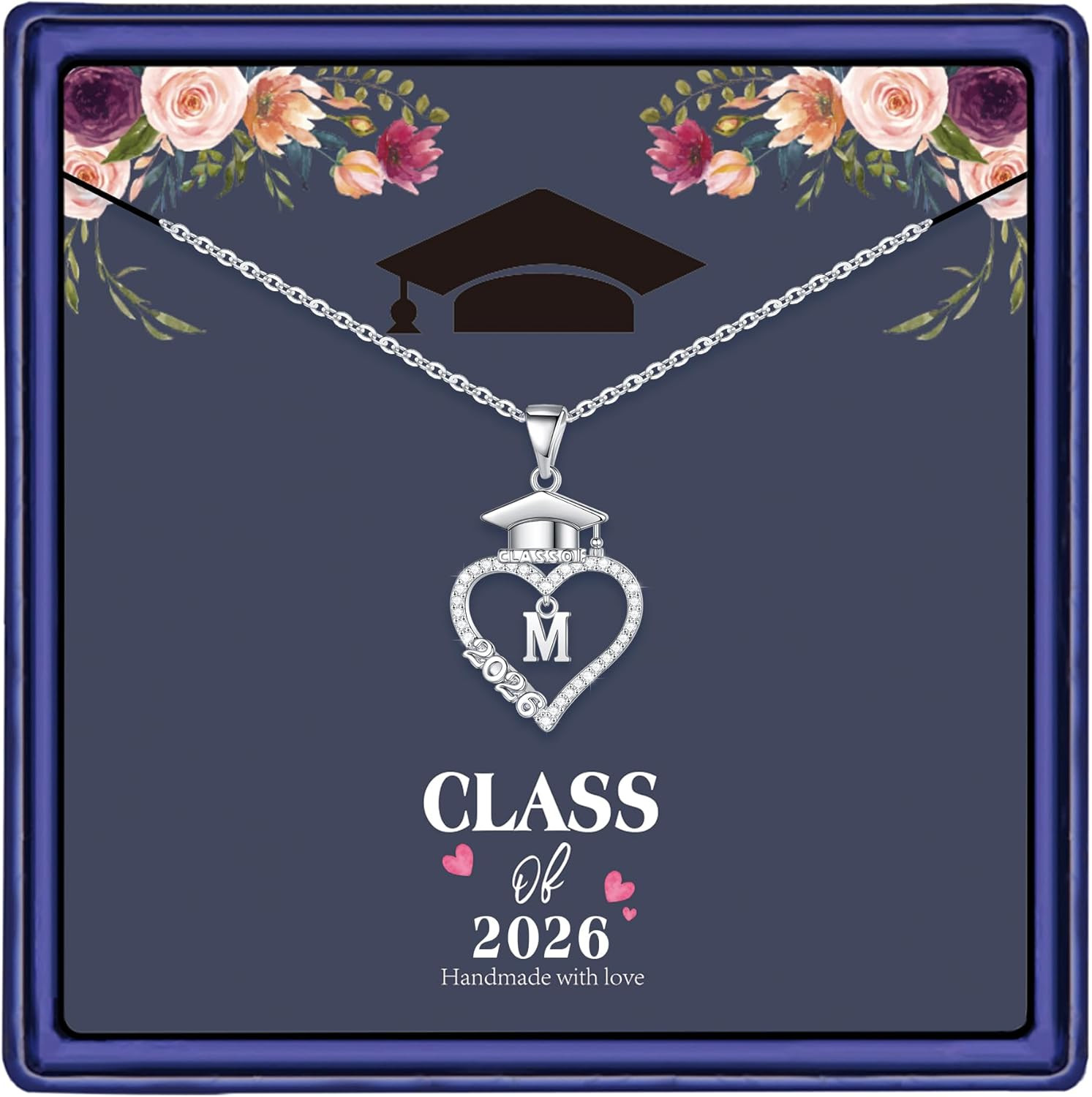 Graduation Gift for Her 2026, 14K White Gold Plated CZ Graduation Cap Heart Pend