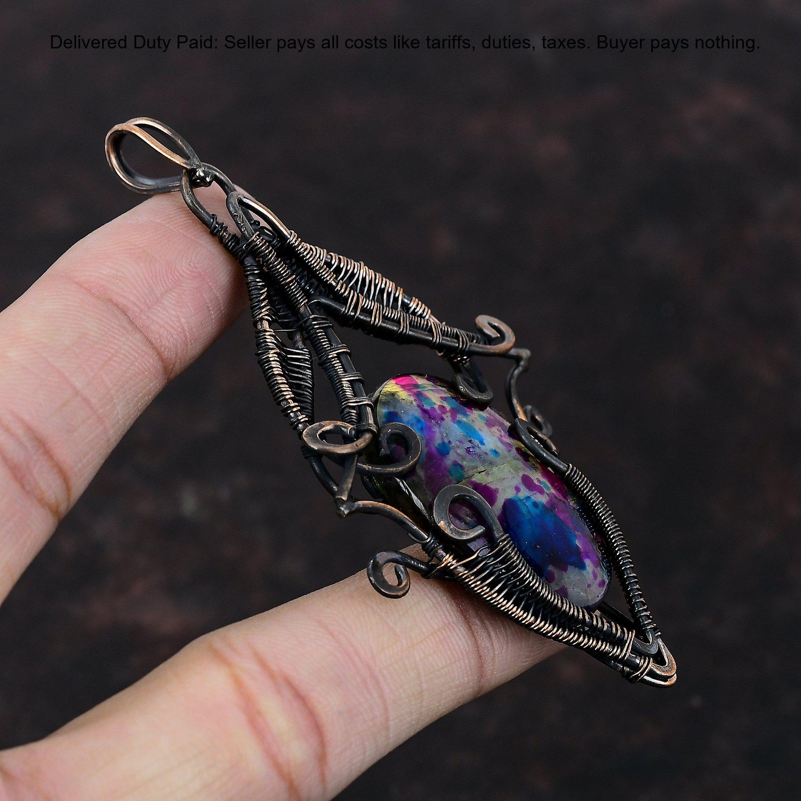 Copper Oval Natural Multi Fire Labradorite Wire Wrapped Mother Designer Pendant