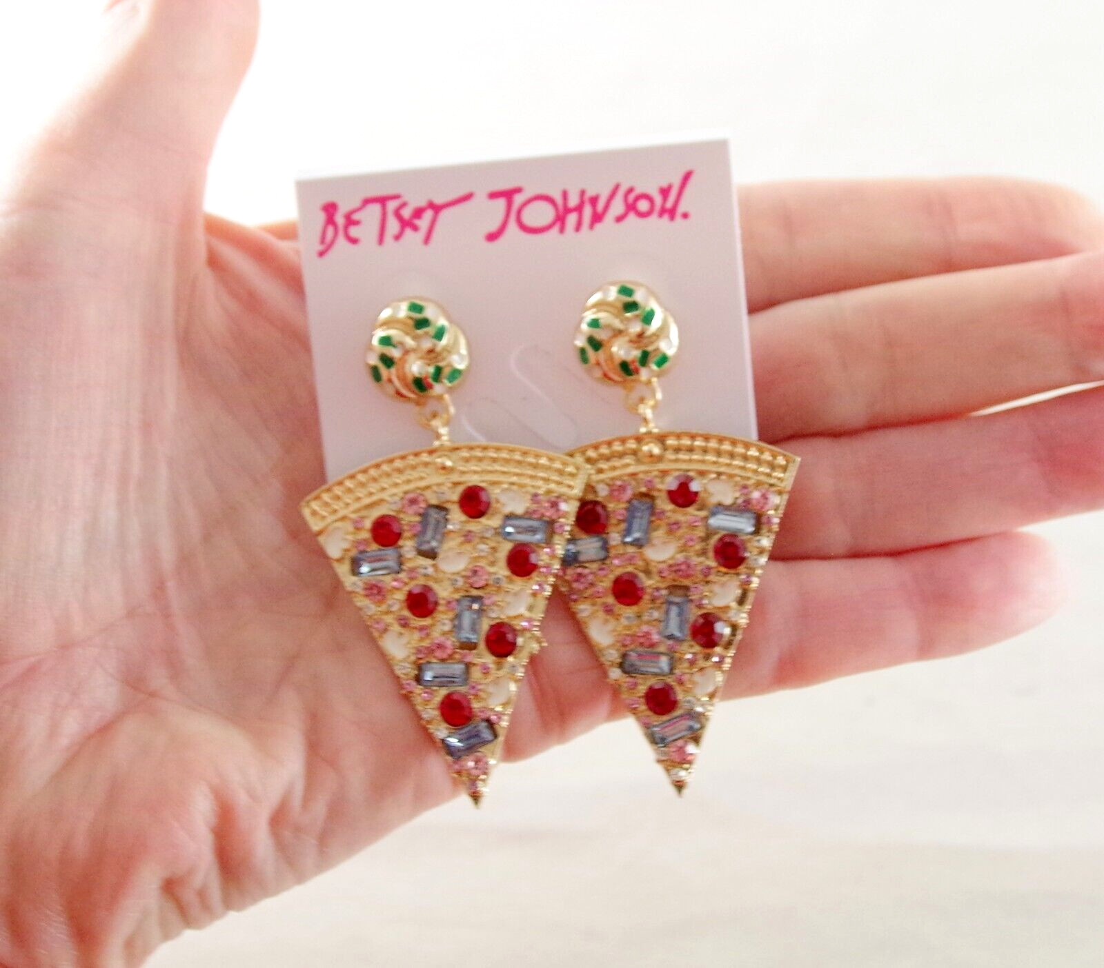 2.25″ BETSEY JOHNSON PIZZA SLICE CRYSTAL RHINESTONE/ ENAMEL DROP DANGLE EARRINGS