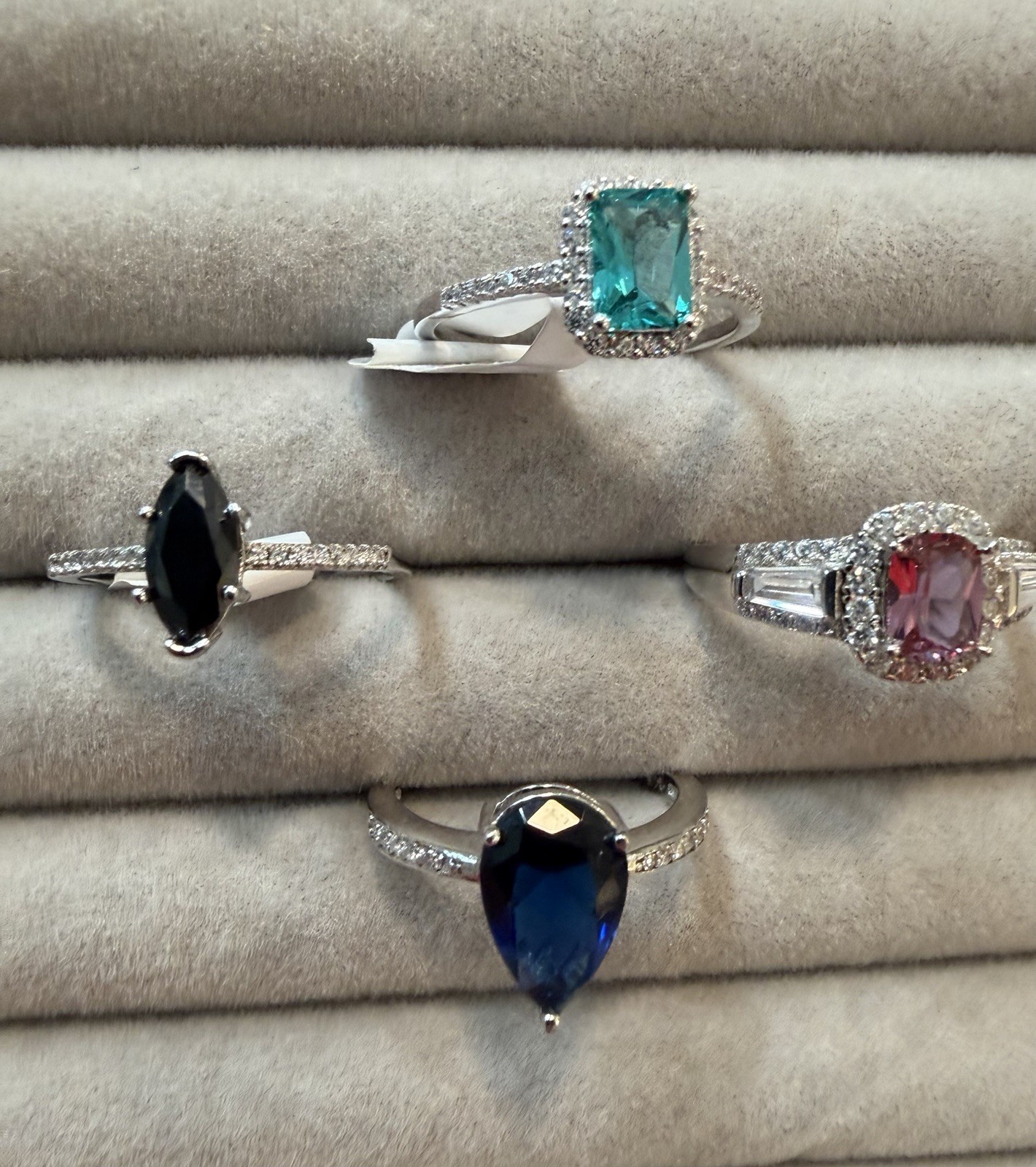 Sterling silver cocktail rings. Lab created gemstones. Lot of 4 rings