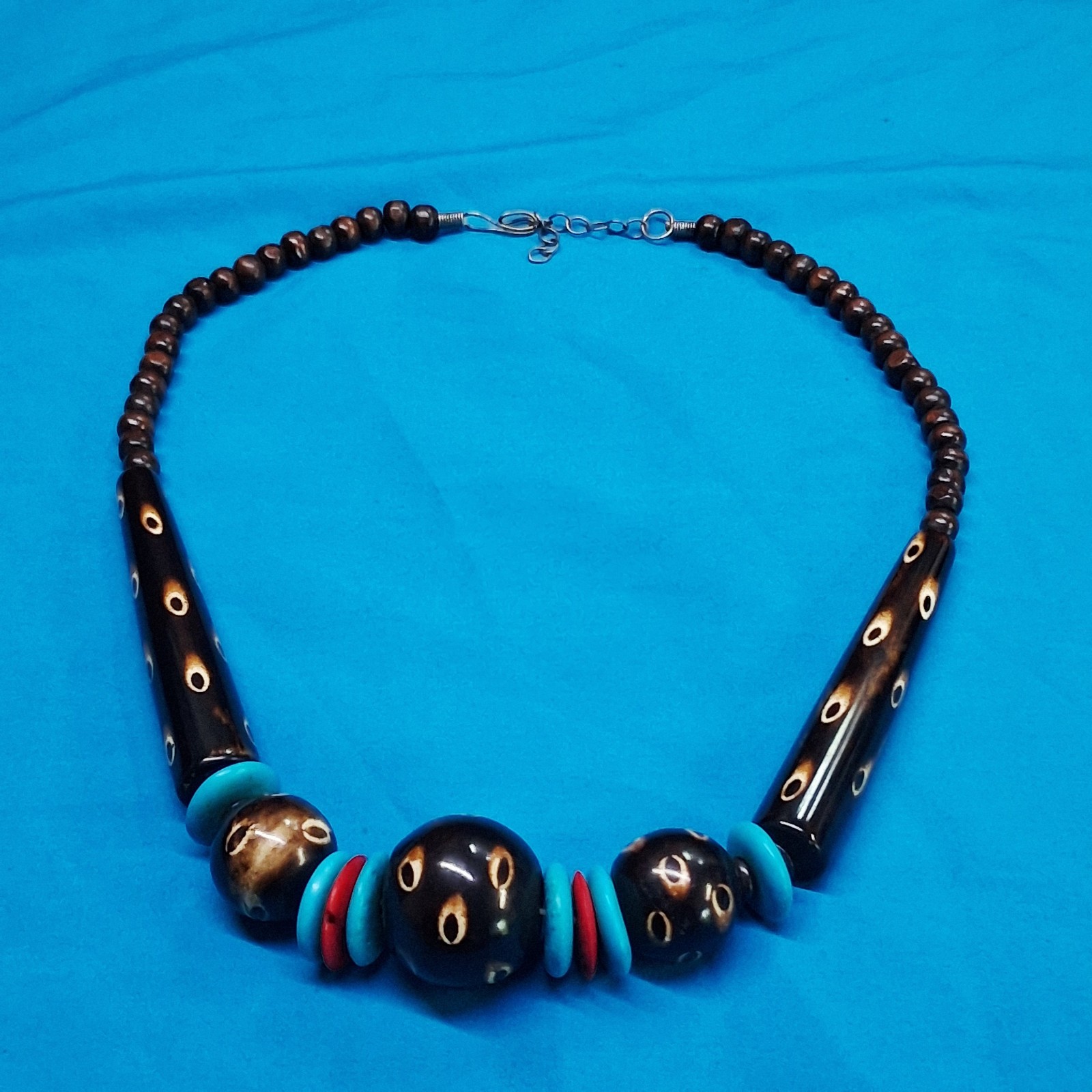 Vintage Channel Set Wood Bead Dotted Design Statement Necklace