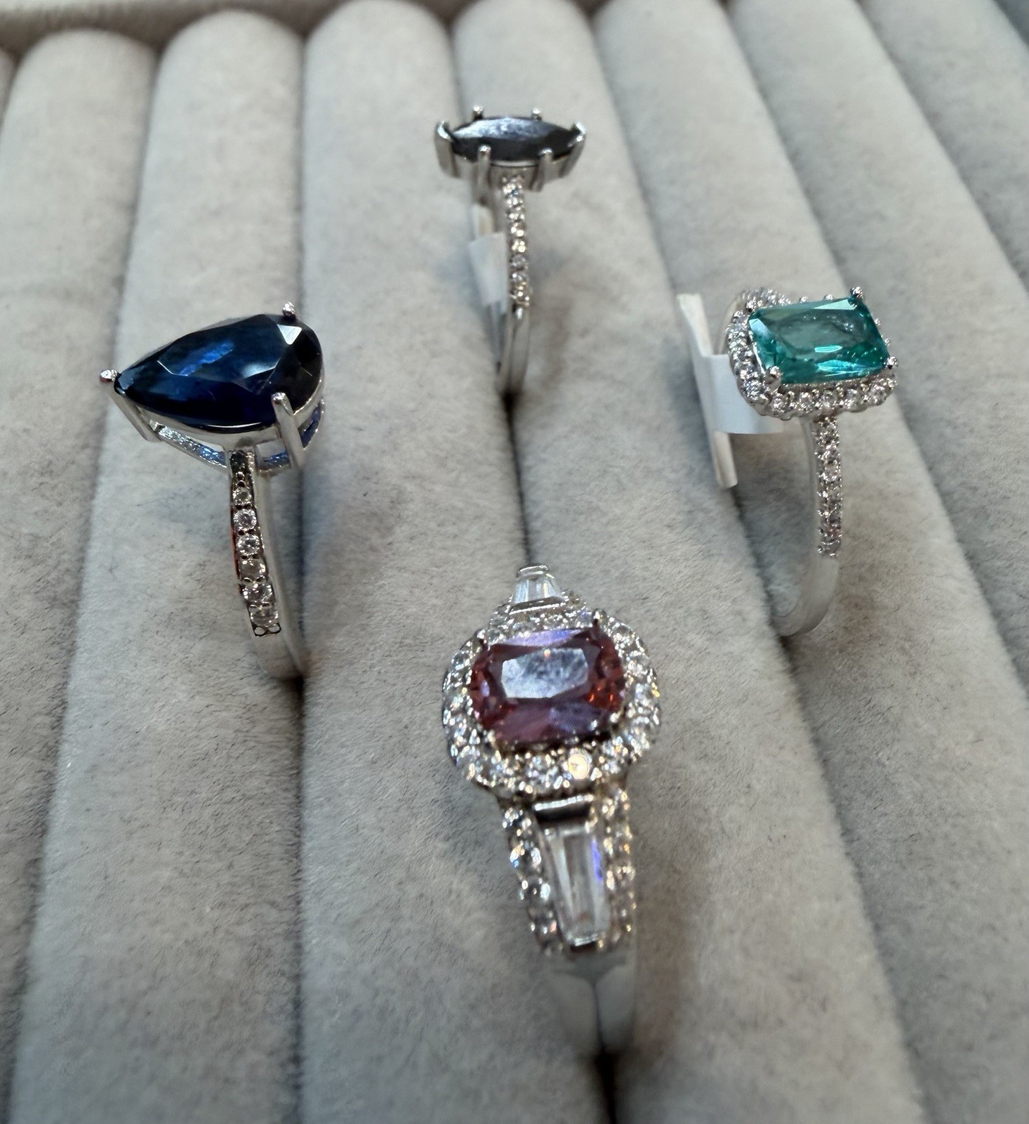 Sterling silver cocktail rings. Lab created gemstones. Lot of 4 rings