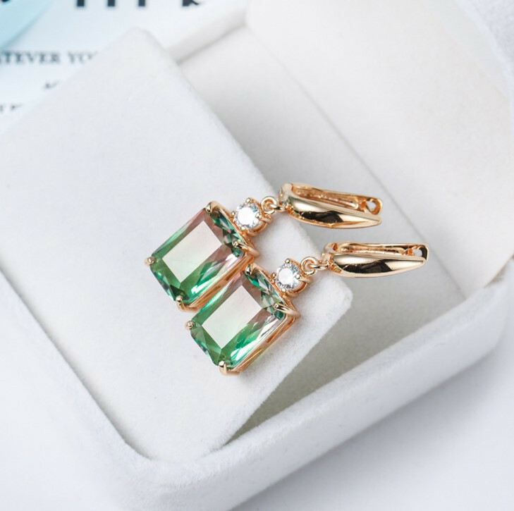 Sparking Square Cut Green Color Tourmaline Rose Gold Plated Hook Dangle Earrings