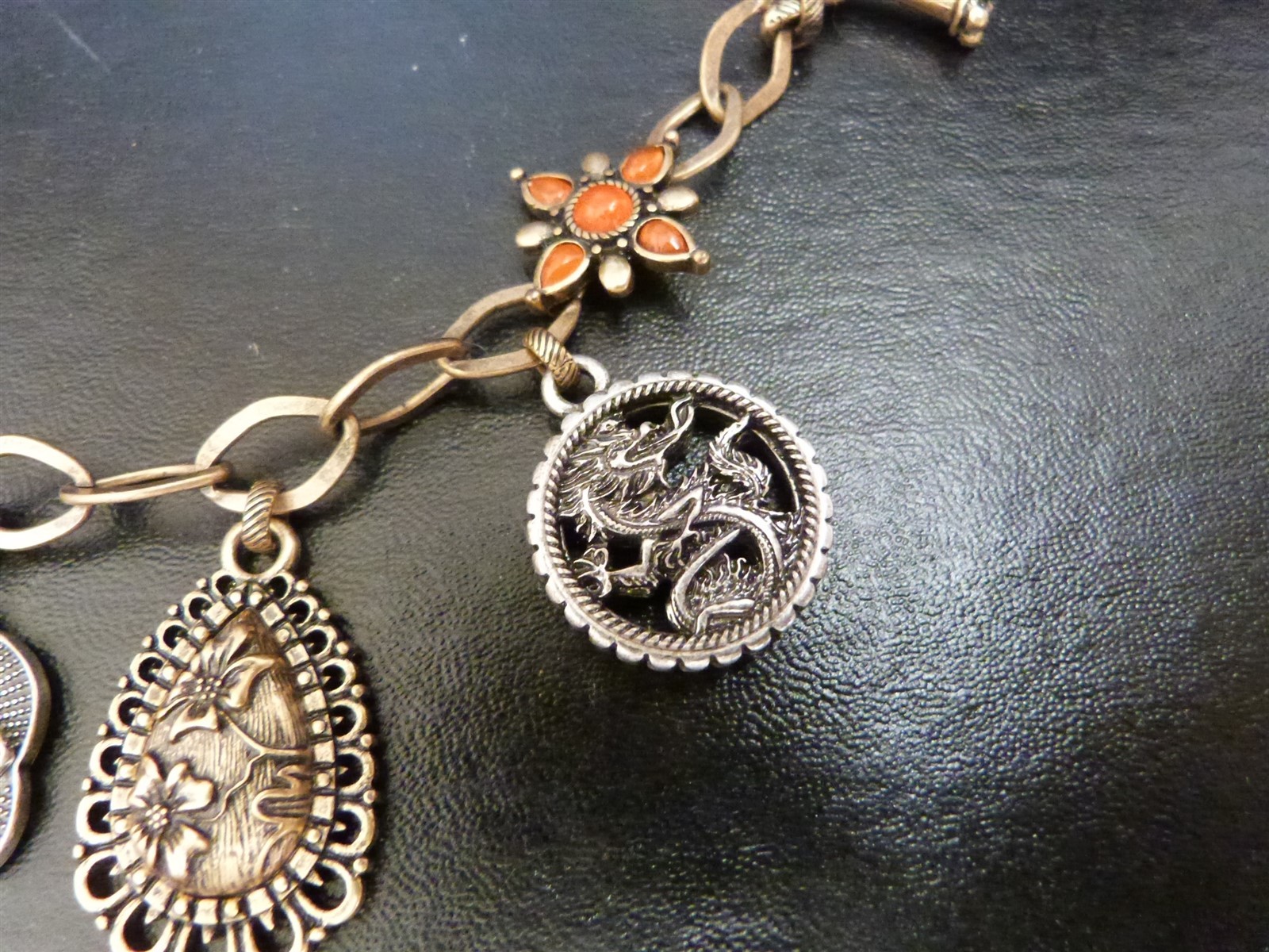 Lucky Brand jewelry lot charm bracelet Asian inspired floral dragon peace sign