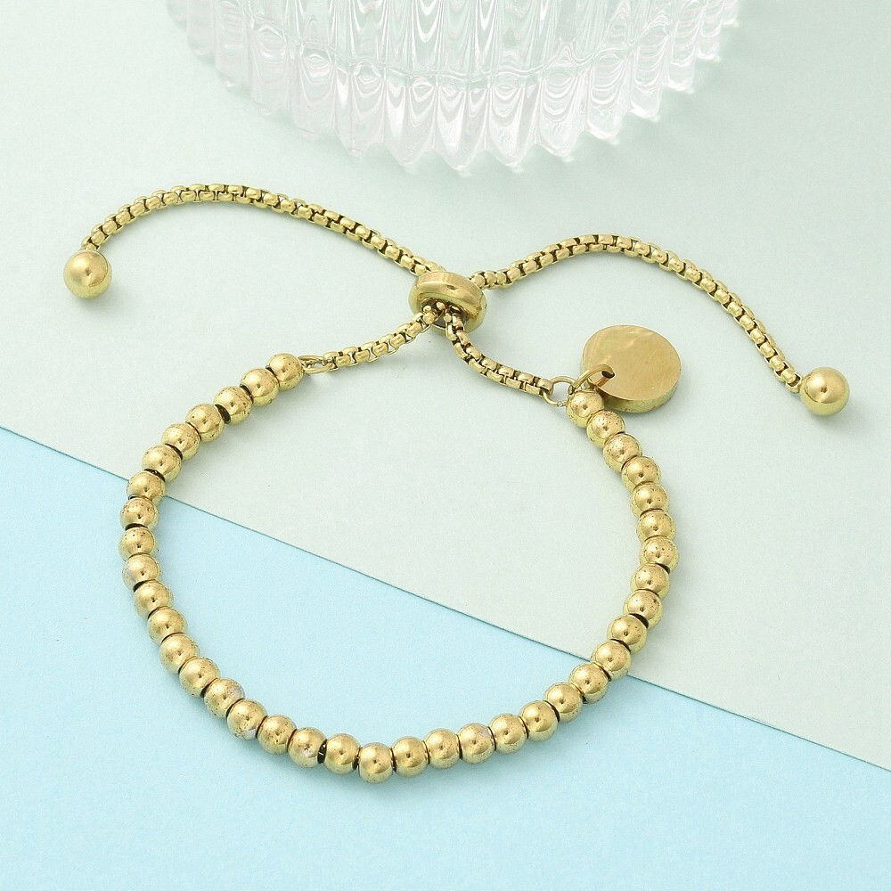 14K Gold Plated Stainless Steel Slider Bracelet Bead Beaded Adjustable T11