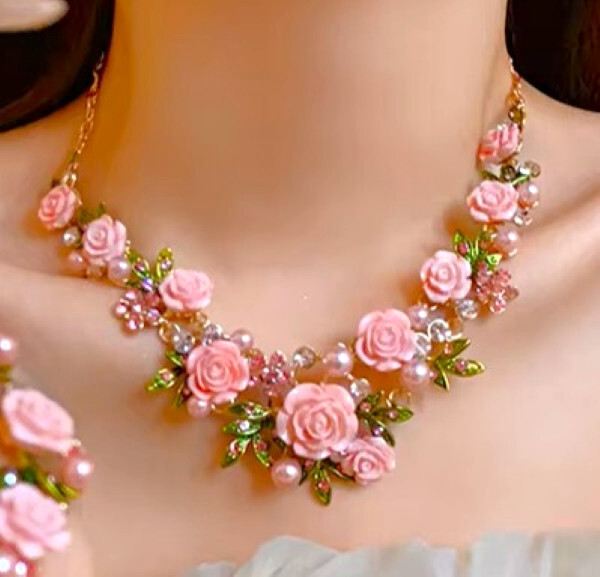 Pink ROSE Flowers PEARL Choker Rhinestone Betsey Johnson Necklace Earring SET