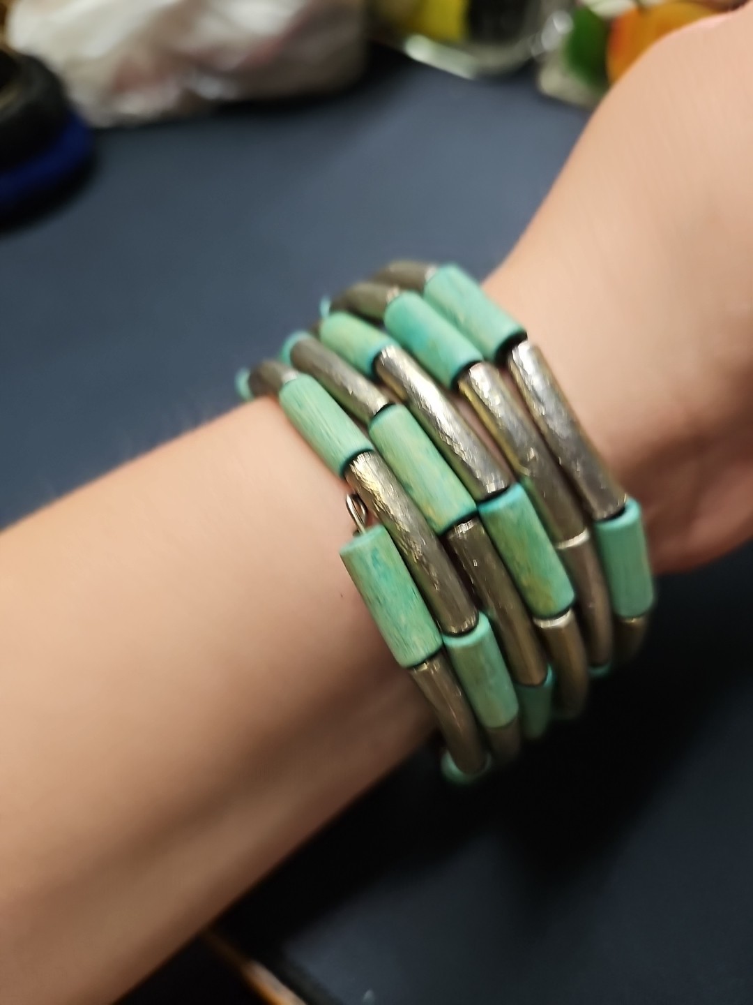 Turquoise & Gold Silver Color Wooden Bead Bracelet Modern Memory Wire wrap
