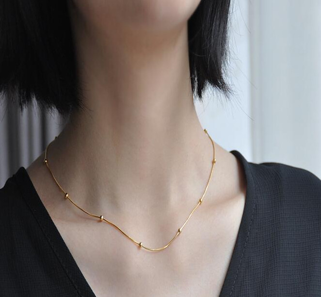 18K Gold Stainless Steel Station Bead Ball Snake Chain Choker Necklace 18″ PE44