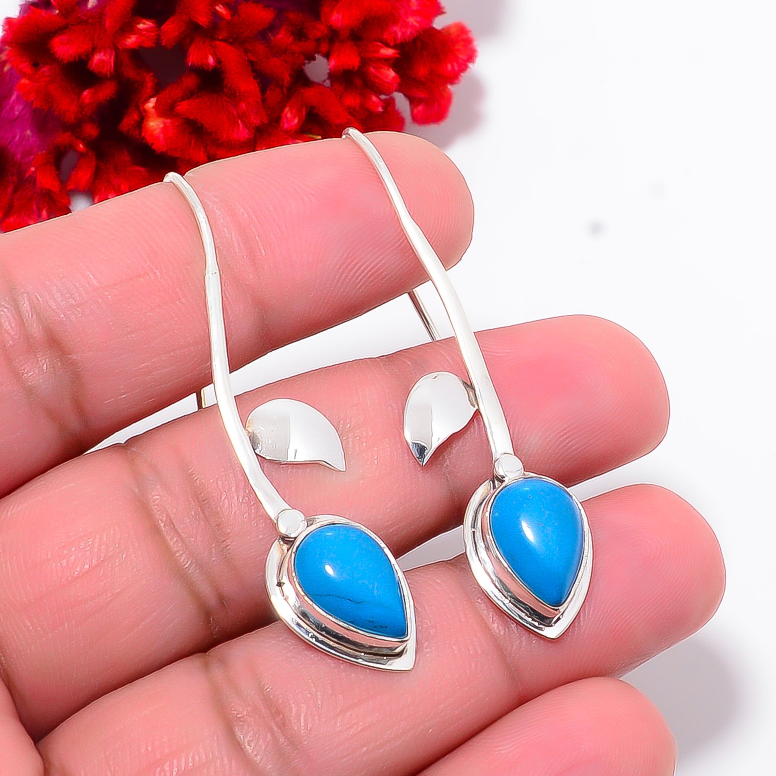 Sleeping Beauty Turquoise Designer Handmade 925 Sterling Silver Earring 2.07″ E0