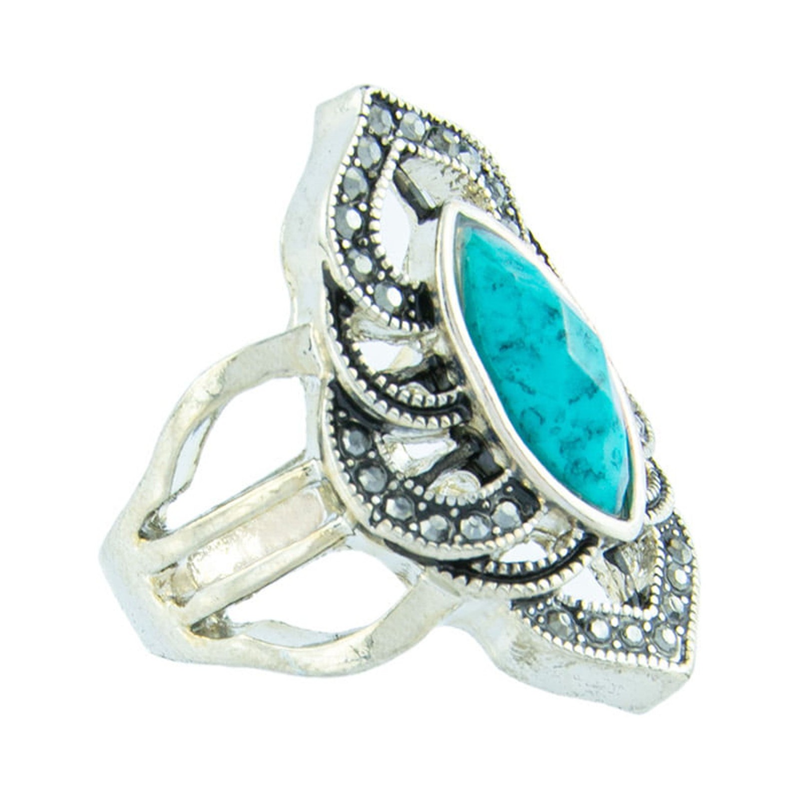 Canyon Sky Western Boho Marquise Cut Faux Turquoise Silver Tone Ring, Size 8