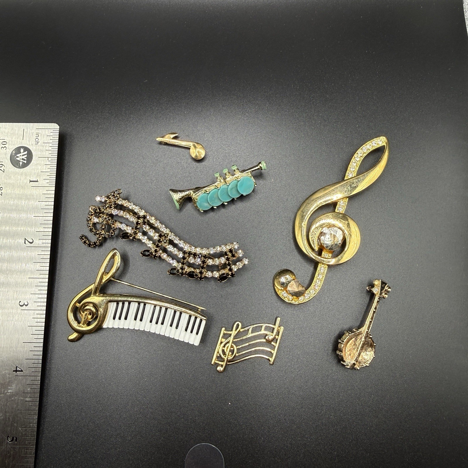 Music-Themed Gold Tone Enamel & Crystal Rhinestone Brooch / Pin / Pendant Lot