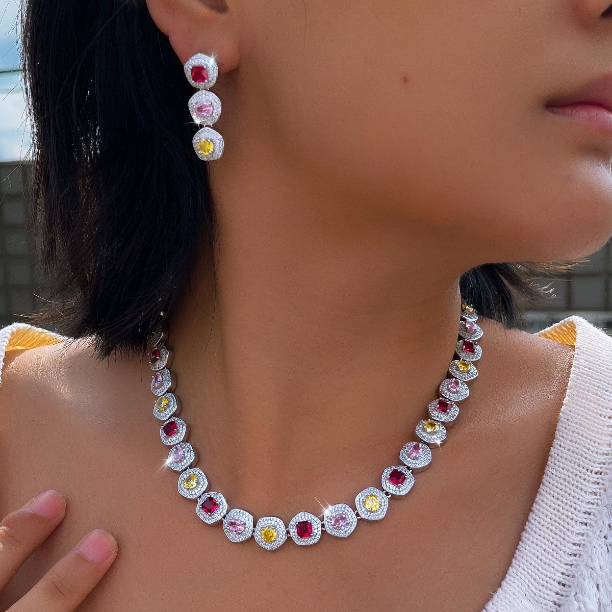 Silver Plated Geometric Zircon Hexagon Tennis Necklace Earring Party Jewelry Set
