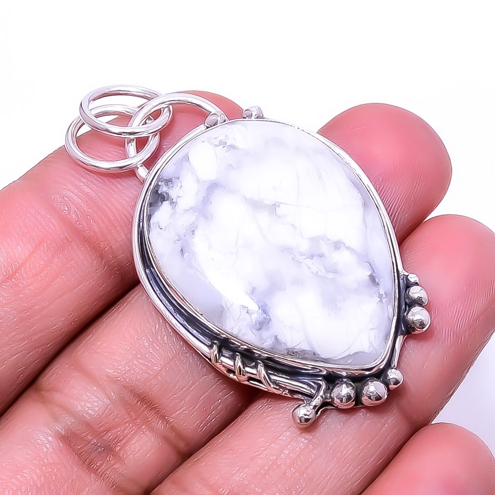 Natural White Howlite – United States 925 Sterling Silver Pendant 1.95″ P38
