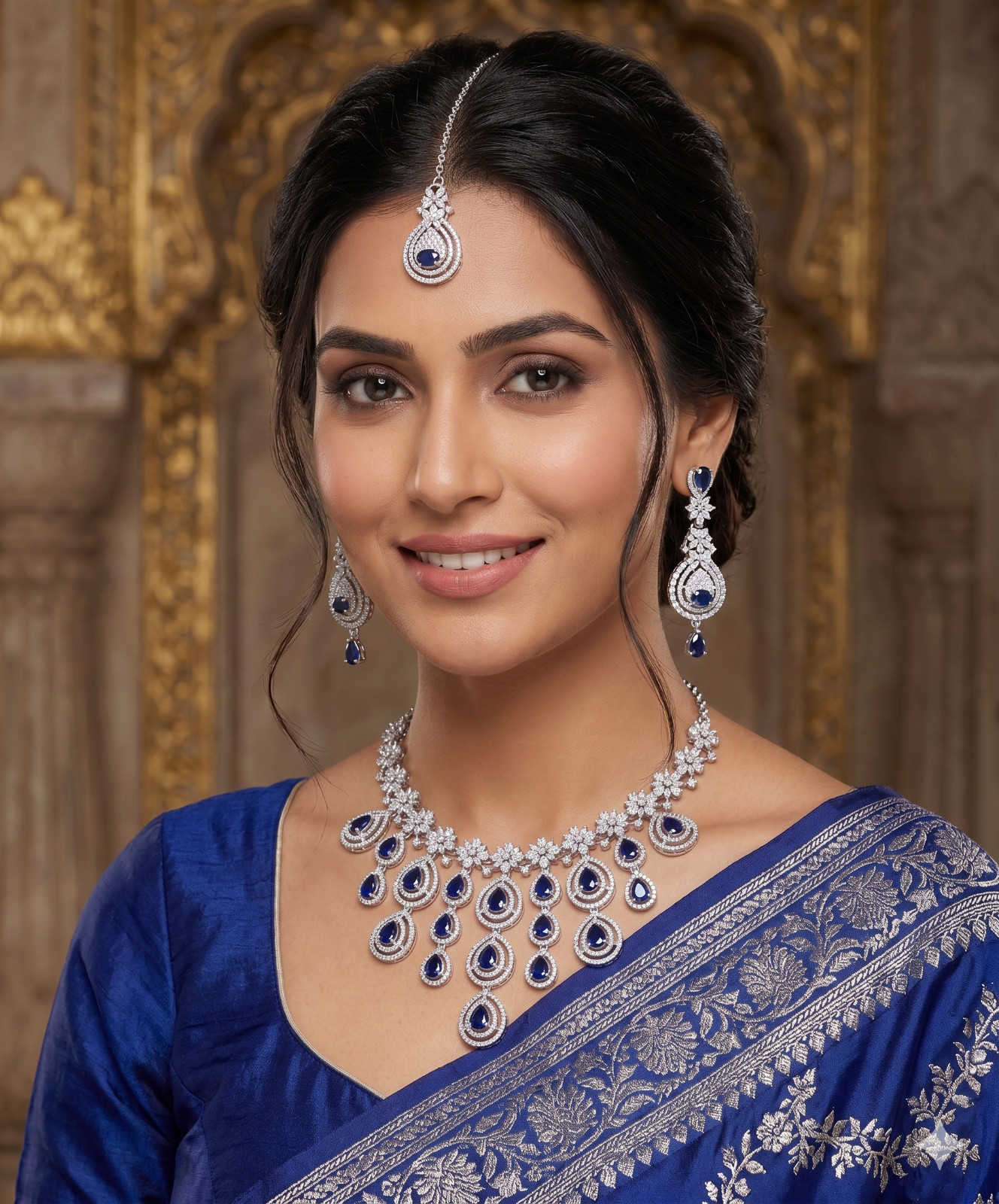 Luxury Sapphire Blue AD CZ Necklace Earrings Maang Tikka Indian Jewelry Set Gift